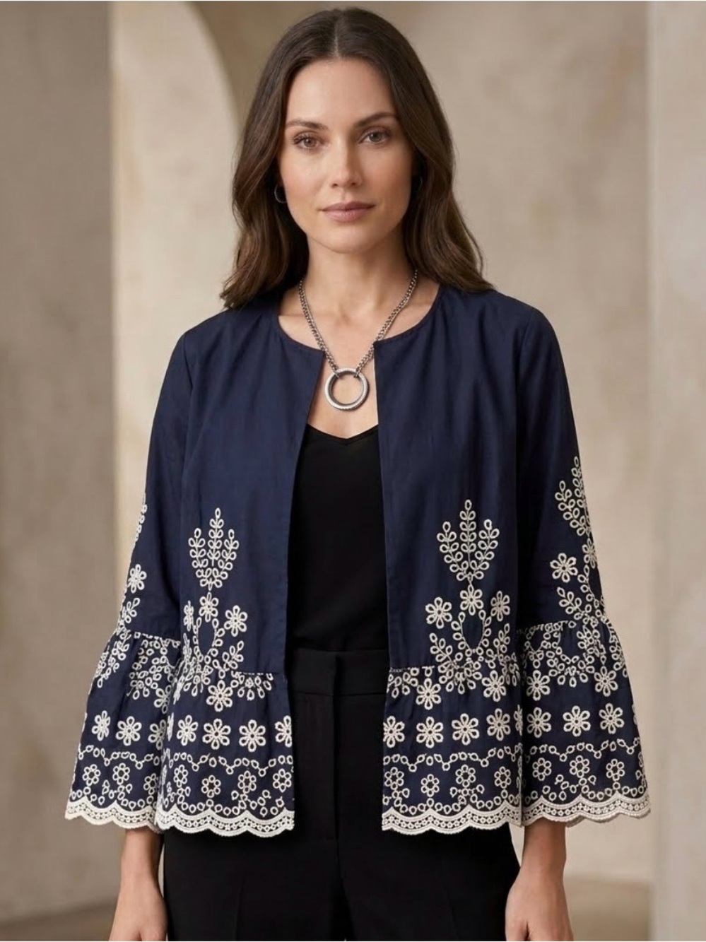 Zara Blue w/ White Embroidered Design Jacket Duster with Ruffles Size Small - Picture 1 of 4